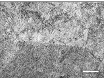 Fig. 1. Optical microscopic image of the homogenized Ti-6Al-4V  alloys etched with HF (2 mL)+HCl (3 mL)+HNO 3  (5 mL)+H 2 O (190  mL) solution (×125).