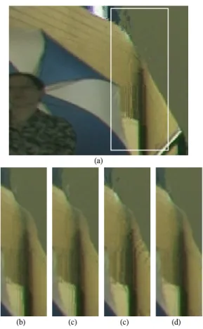 그림 9. Poznan_hall2  영상을  이용한  합성  영상의  시각적  품질비교  (73번째  프레임)  (a)  original  (b)  Bilinear  (c)  Bicubic  (d)  Joint  bilateral  upsampling  (e)  Proposed  scheme  Fig