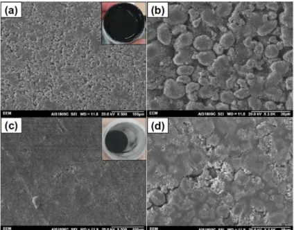 Fig. 1. SEM images of the prepared NCM523 positive electrodes: (a, b) PVdF binder and (c, d) PTFE binder (inset: