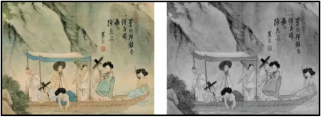 그림 주유청강의  변환[2]Grayscale  그의  그림들은  화첩의  상태이기에  작은  크기이며    색채의  종류가  많은  것도  아니다 더욱이  배경면적과