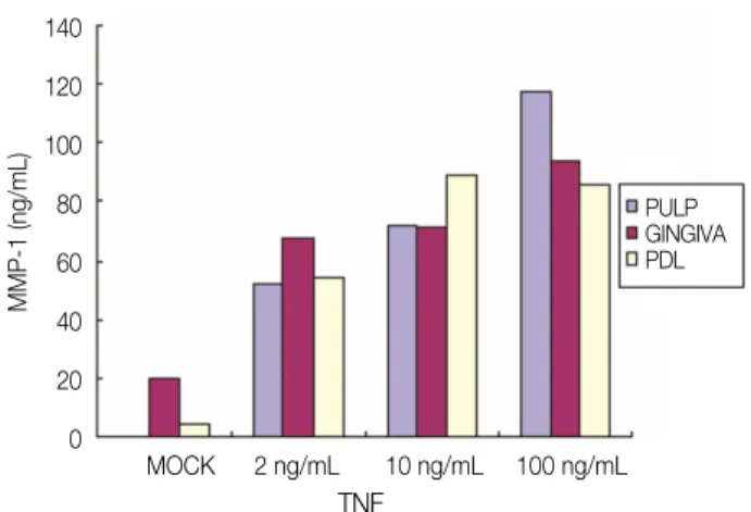 Figure 6. Secretion of MMP-1 after stimulation with mock and TNF-α(10 ng/mL) for 48 hrs.