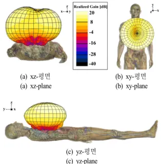 그림  10.  제안된 안테나가 자유공간과 모의인체 위에 위 치할 때의 반사손실 특성 비교