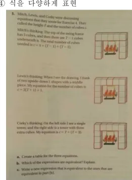 [그림 Ⅳ-28] Variables and Patterns 79쪽 6～8번 ② 중간과정으로 제시 공식을 표로 나타내는 과정에서 표만을 구하는 문제로 그치는 것이 아니라 그 후에 그래프를 구하거나, 공식을 구하라는 문제 로 확장된다.