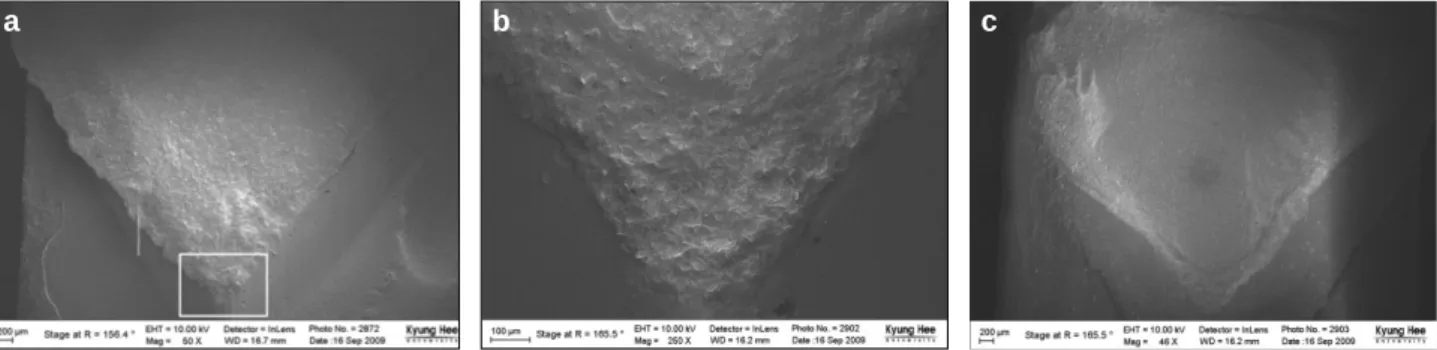 Figure 5. FE-SEM observation of diamond bur roughening groups (a, c: ×50, b: ×250). (a) Fracture surface of fresh resin showed almost cohesive failure