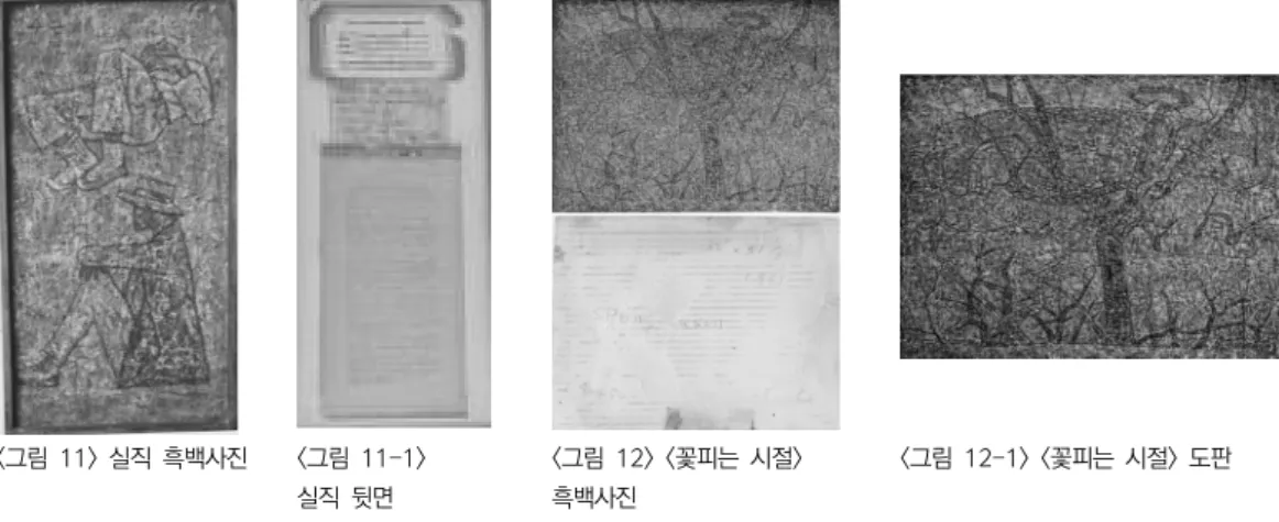 그림  실직  흑백사진<11>  < 그림  11-1>  실직  뒷면 그림  꽃피는  시절<12>  < > 흑백사진 그림  꽃피는  시절 도판<12-1>  <>  실직 그림  은 일자리를 잃고 실의에 빠진 두 명의 남성을 