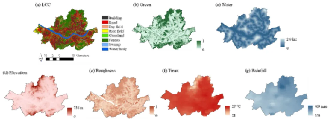 Fig.  1.  Environmental  variables  for  analyzing  potential  habitats.  Tmax  and  rainfall  was  the  yearly  averaged  value  of  2011 ~ 2020.