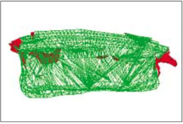 Figure 2.   Calculation  of  marginal  gap:  Percentage  of marginal gap to cavity perimeter (SEM image ; × 35)  (Blue line : cavity perimeter, Red line : area with  marg-inal gap) 