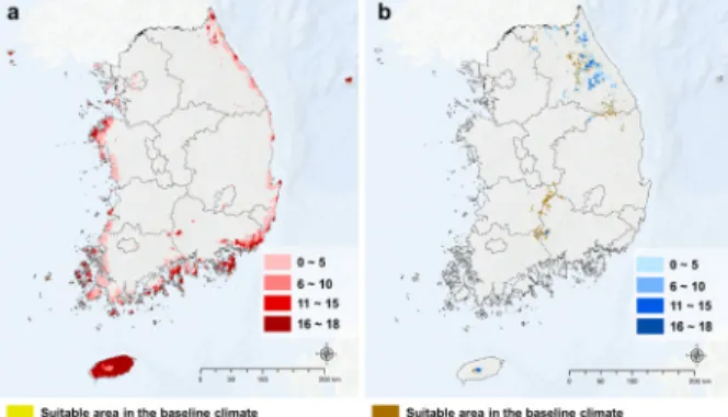 Fig.  7.  Frequency  analysis  of  habitat  suitable  area  in  the  past  18  years  (a:  Warm-temperate  forest,  b:  Subalpine  forest)
