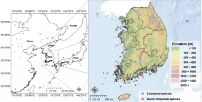 Fig. 1. Study area with elevation and species location