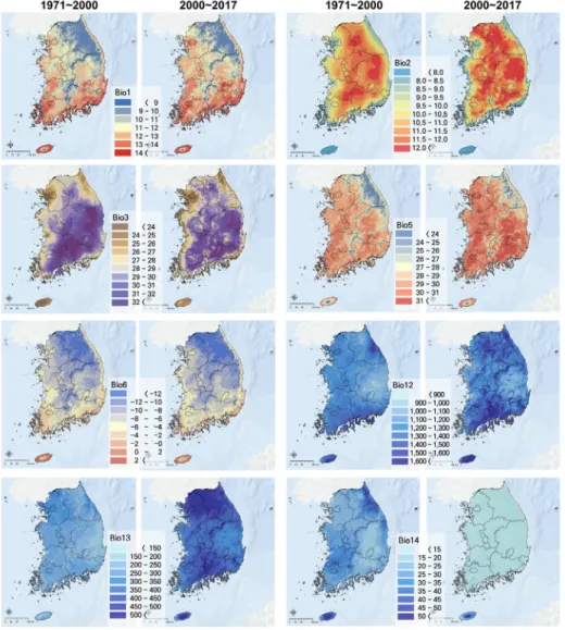 Fig.  2.  Spatio  distribution  of  the  selected  bioclimatic  variables  in  Republic  of  Korea  for  the  past  and  current  period