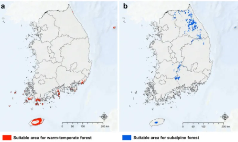 Fig.  3.  Predicted  habitat  suitable  area  in  past  period  (a:  Warm-temperate  forest,  b:  subalpine  forest)  3.2  과거  시기  지표수종의  서식적합지  예측 3.2.1  난대림과  아고산림의  서식적합지  예측 본  연구에서  개발된  기계학습  모형과  생물기후지수를  통 해  과거  시기의  난대림과  아고산림의  서식적합지역을  예측 하였다