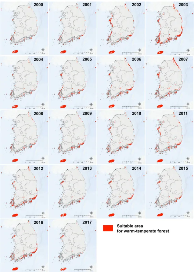 Fig.  4.  Predicted  habitat  suitable  area  of  warm-temperate  forest  in  2000  ~  2017