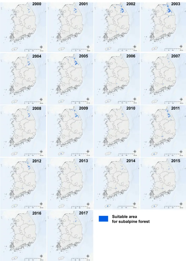 Fig.  5.  Predicted  habitat  suitable  area  of  subalpine  forest  in  2000  ~  2017
