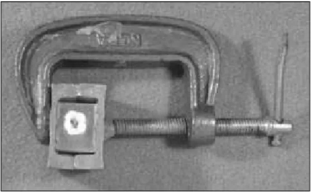 Figure 1.  Both  halves  of  the  muffle  with  C  clamp  to maintain  muffle-to-muffle  and  muffle-to-resin relationships