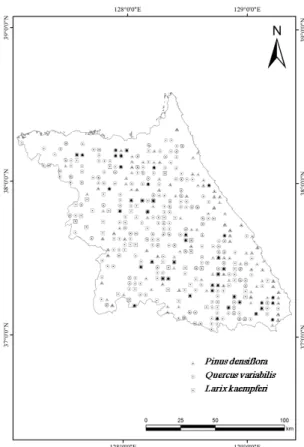 Fig. 1. Spatial distribution of sampling plots used in  this study on Gangwon province (Black circle  is indicator of the overlapping sampling points).