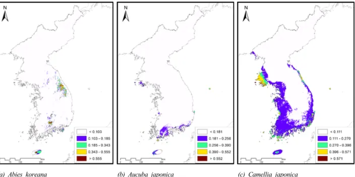 Fig. 2. Habitat suitability and potential habitats of study species under climate change