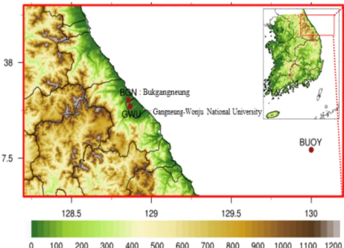 Fig. 1. Location of 3 observation sites used in this  study. 북강릉 지점에 눈이 내린 강설 사례를 선정하기 위하여 기 상 특보문과 적설자료를 이용하였다