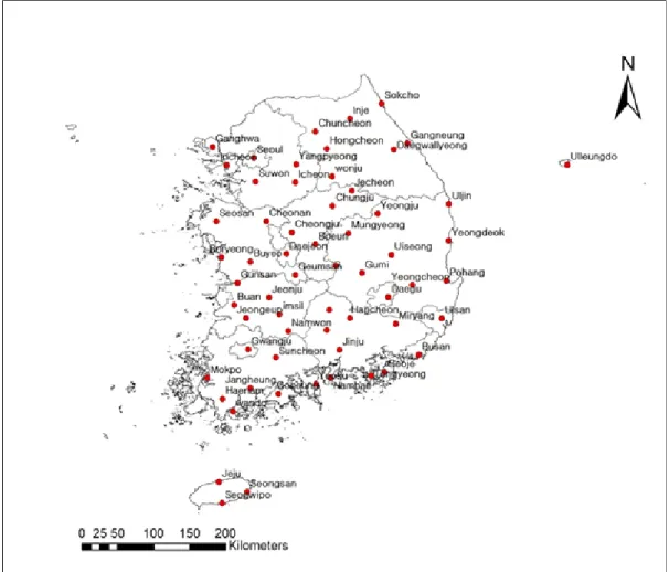 Fig. 1. Location of weather stations of Korea Meteorological Administration used in this study.