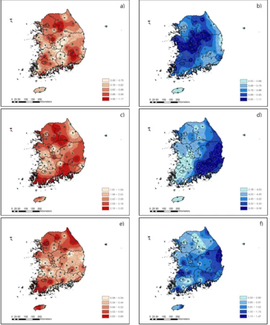 Fig. 6. Spatial distribution map of the frequencies of abnormal high air temperature (a), low air temperature (b),  much precipitation (c), little precipitation (d), long duration of sunshine (e), and short duration of sunshine  (f) per year from 1981 thro