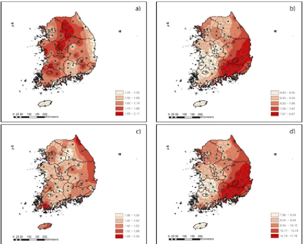 Fig. 8. Spatial distribution map of the frequencies of abnormal air temperature (a), precipitation (b), duration of  sunshine (c), and weather (d) from 1981 through 2016.