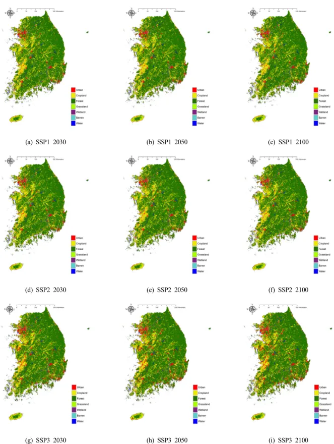 Fig. 5. Estimated future land cover maps in 2030, 2050, and 2100 by SSP1-3.