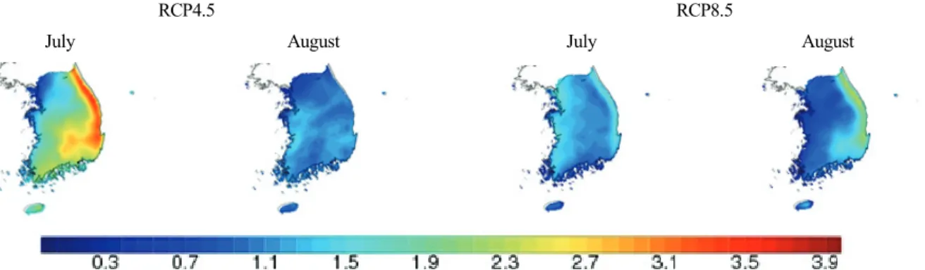 Fig. 4. Spatial distribution of standard deviation among five ensemble scenarios for monthly maximum temperature  of RCP4.5 and 8.5 during July - August.