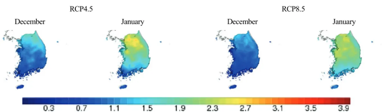 Fig. 5. Spatial distribution of standard deviation among five ensemble scenarios for monthly minimum temperature  of RCP4.5 and 8.5 during December - January.