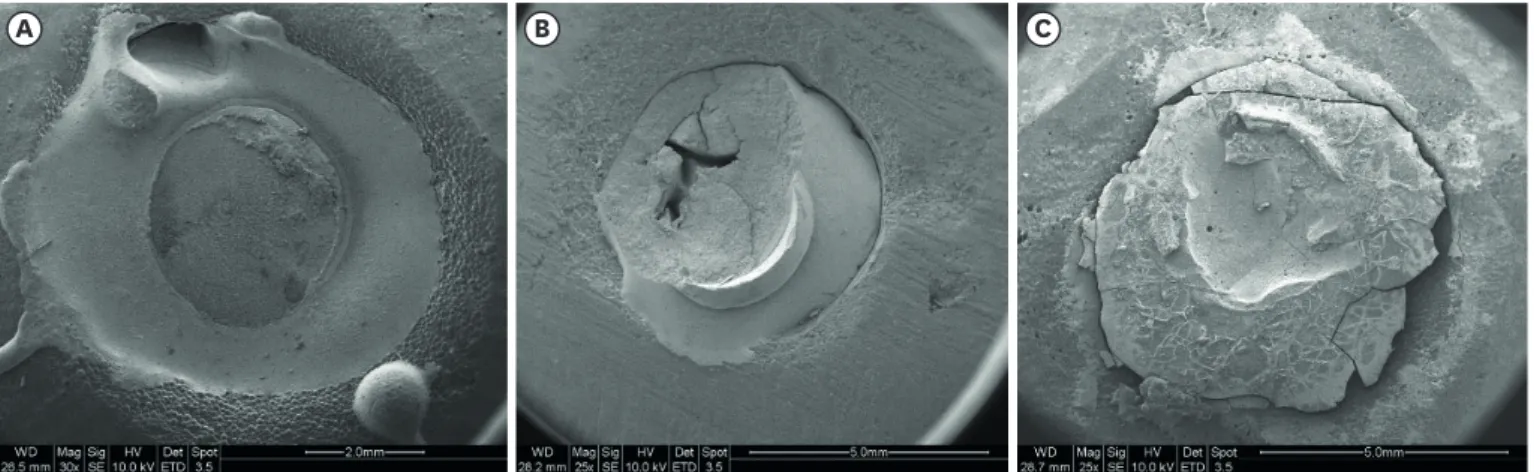 Figure 1. Scanning electron micrographs of bond failure modes. (A) Representative image of adhesive failure; the specimen was from the Dycal + Dyad Flow  group