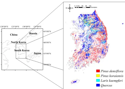 Fig.  1.  Study  area  with  forest  type  distribution. 늘어남에  따라  산림생장이  둔화되어  산림의  온실가스  흡수 기능 또한 저하될 것으로 예측된다