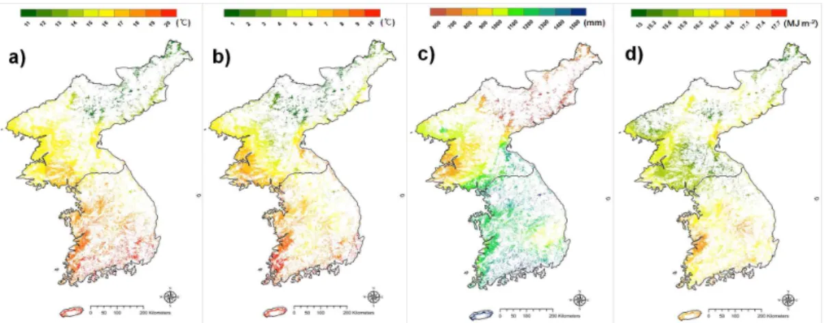 Fig.  2.  Spatial  distribution  of  climate  variables  for  (a)  maximum  temperature,  (b)  minimum  temperature,  (c)  precipi-  tation  and  (d)  solar  radiation  on  last  30  years.