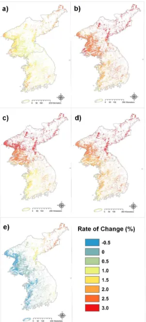 Fig.  4와 Fig.  5를 통해 PET의 시계열적 변화와 공간분포를  확인하였고,  이번에는 시간의 변화에 따른 공간적 차이를 구 체적으로 확인하기 위해 1980년대 후반 5년에 대한 각 시기 의  변화율을  공간적으로  확인하였다(Fig