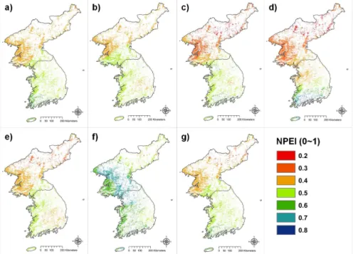 Fig.  8.  Spatial  distribution  and  half  decadal  comparison  of  NPEI  for  (a)  1985 ∼1989  years,  (b)  1990∼1994  years,  (c)  1995 ∼1999 years, (d) 2000∼2004 years, (e) 2005∼2009 years, (f) 2010∼2013 years and (g) 1984∼2013  years