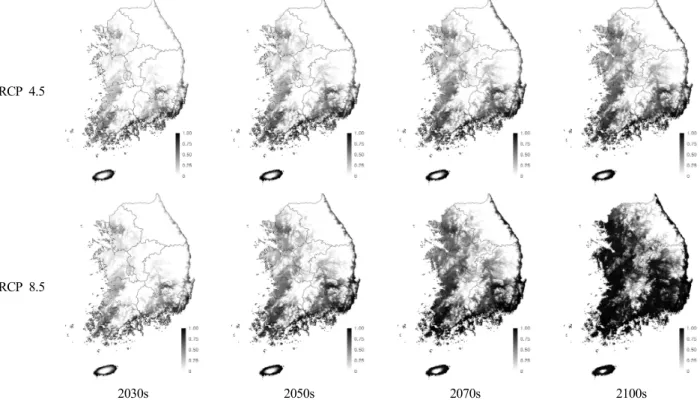 Fig.  2.  Change  of  potential  distribution  estimated  by  MaxEnt  model  for  Conyza  bonariensis.