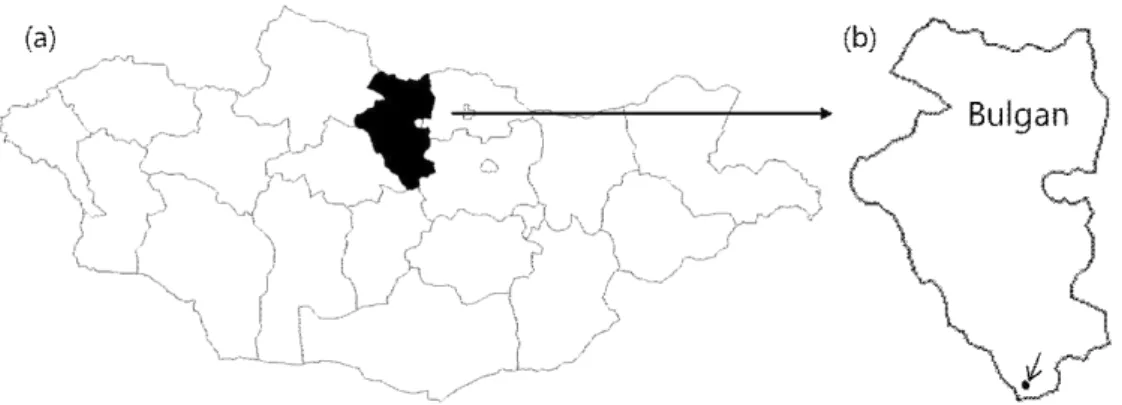 Fig.  1.  Map  of  Mongolia  (a)  and  location  of  the  study  site  in  Bulgan  province  (b).