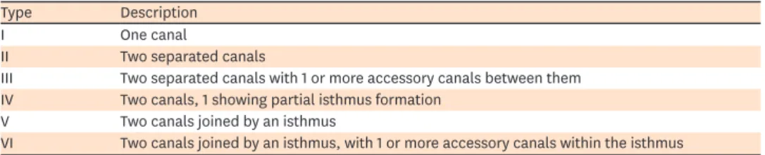 Table 1. Classification of the root canal configurations at 3–5 mm from the apex, based on Tam and Yu [16]