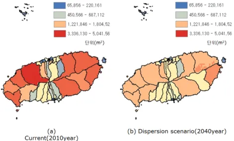 Fig.  7.  Map  showing  residential  land  area  of  current  and  future  scenarios.
