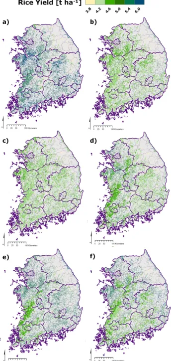 Fig.  5.  Predicted  annual  yields  of  maize  for  (a)  2004y,  (b)  2005y,  (c)  2006y,  (d)  2007y,  (e)  2008y  and  (f)  2009y.