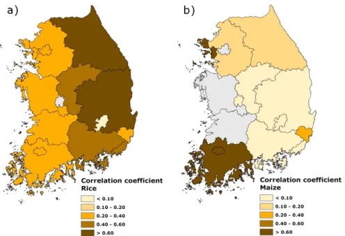 Fig.  8.  Correlation  between  time  series  of  simulation  and  reported  yields  calculate  for  (a)  rice  and  (b)  maize;  Pearson  correlation  coefficient  r>0.60  is  statistically  significant  at  p<0.05.