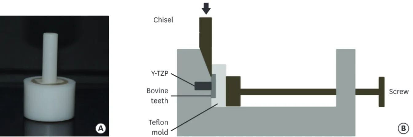 Figure 1. (A) Shear bond strength (SBS) test machine; (B) Representative image of the SBS test, with a specimen mounted in the jig of the machine