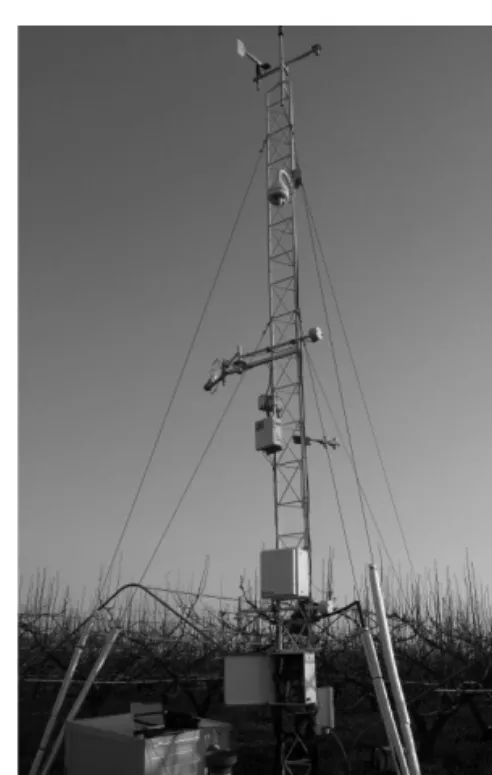 Fig.  1.  The  figure  of  flux  tower  in  fruit  orchard. 대기가 안정하고 지면이 균일해야 하는데 우리나라  과수  재배지의  경우,  산을  개간하여  사용하는  경우 가  많고 재배지  주변에  탄소  플럭스  측정에 영향을  주는  요인(건물,  도로,  저수지  등)들이  있어  관측지  선정에  어려움이  있다