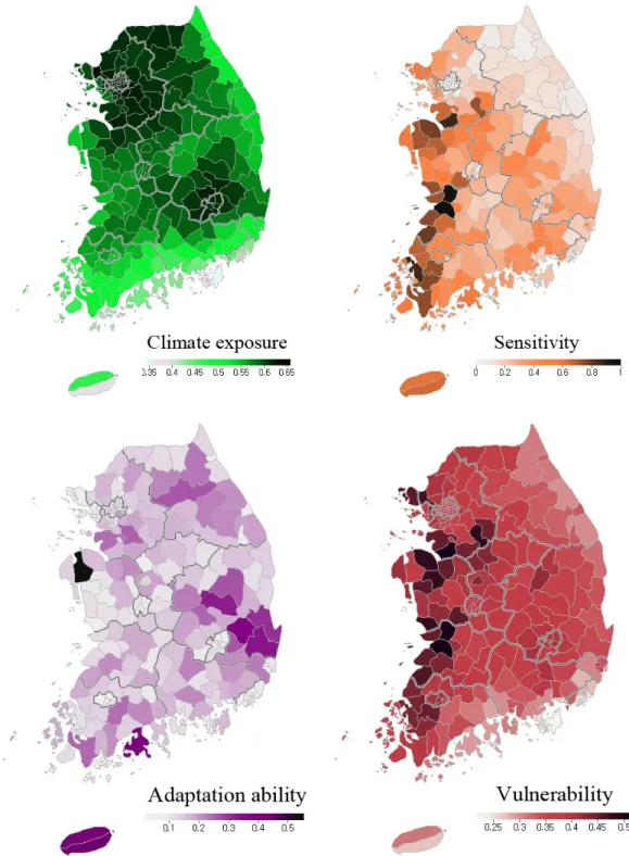 Fig.  2.  Results  of  vulnerability  assessment  based  on  drought  from  March  to  May  in  Korea  under  RCP  8.5  climate  change  scenario  at  2000s  (1996∼2005).