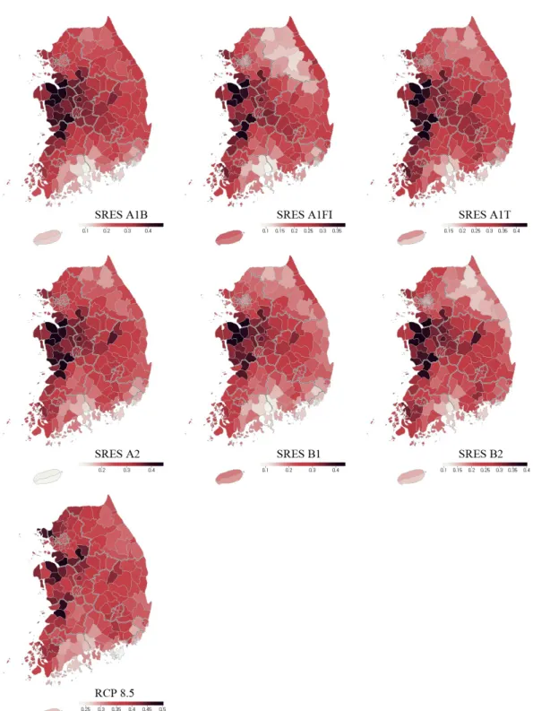 Fig.  3.  Map  of  vulnerability  based  on  drought  from  March  to  May  in  Korea  under  7  different  climate  change  scenarios  at  2050s  (2046∼2055).