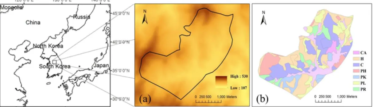 Fig.  1.  The  map  (a)  and  forest  distribution  (b)  of  study  area.