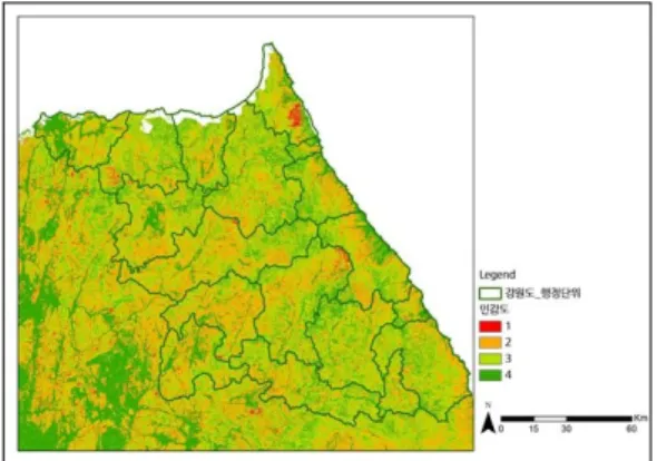 Fig.  3.  Sensitivity  map(unit  :  grid). 파악이  용이할  것으로  판단된다.  3.2  민감도,  기후영향  지도  검증 산사태의 절대적 기준을 설정하기 전에 민감도  지도와  기후영향  지도를  검증하였다