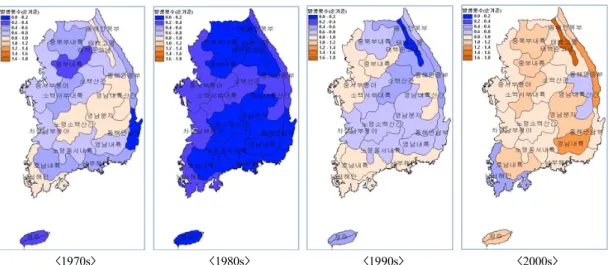 Fig.  5.  Agro-climatic  zonal  variation  in  the  frequency  of  abnormally  high  temperature  occurrence  from  1970s  to  2000s.