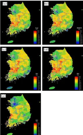 Fig.  6.  An  example  of  CCGIS  display  system,  showing  horizontal  distributions  vulnerability   in-dex  estimated  from  (a)  all  of  peroxy  variables,  and  excluding  proxy  variables  relevant  to  (b)   at-mospheric  environmental  variables,