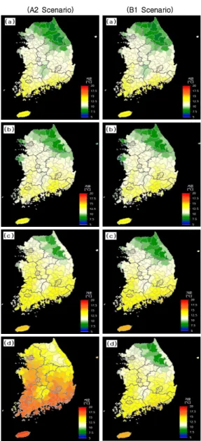 Fig.  5.  An  example  of  CCGIS  display  system,  showing  horizontal  distributions  of  temperature  over  Korean  peninsula  for  the  year  of  2010,  2020,  2050,  and  2100  for  A2(left  panel)  and  B1  scenarios(right  panel)  of  IPCC  SRES.