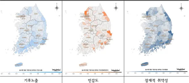 Fig.  3.  The  result  of  exposure,  sensitivity  and  potential  vulnerability  for  infrastructure  on  flood  (2000's).