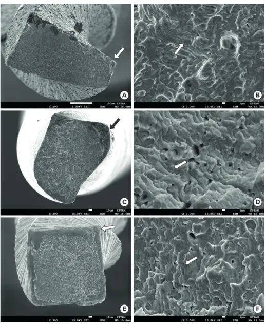 Figure 3. Scanning electron microscopic appearances of the One G (OG), ProGlider (PG), and HyFlex EDM (HEDM)  files after cyclic fatigue testing