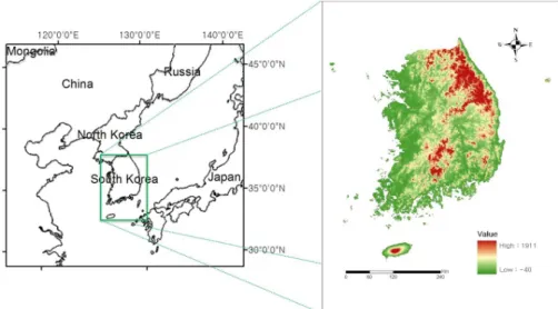 Fig.  1.  Study  area. (adaptation  capacity)의  규준을  사용하였다.  본  연구에서는  국내외  여러  사례  연구들을  바탕으로  이들의  정의를  Table  1과  같이   정리하였다(Fu-ssel  et  al.,  2006;  한화진  등,  2006)